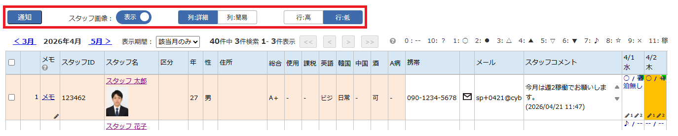 スタッフスケジュール - 通知・表示切替エリア