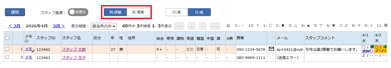 スタッフスケジュール - 列詳細表示の例
