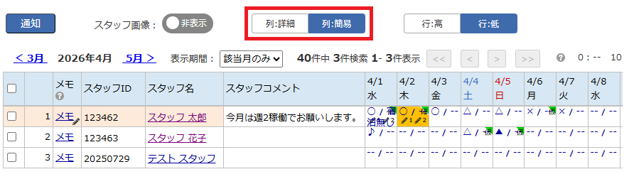 スタッフスケジュール - 列簡易表示の例