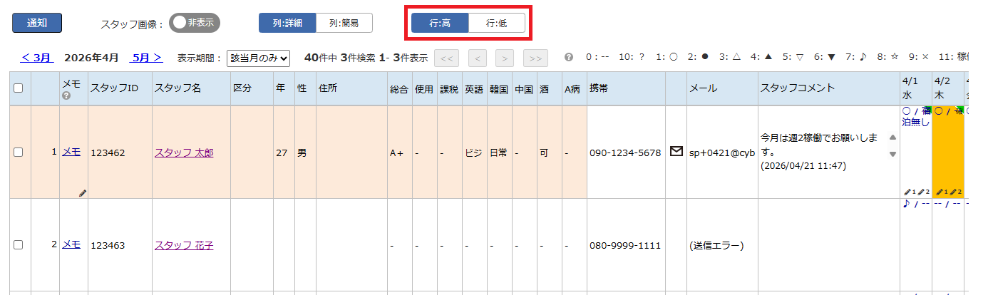 スタッフスケジュール - 行高表示の例