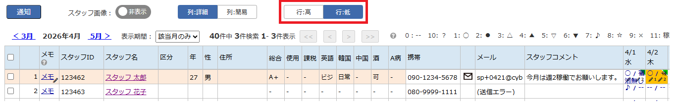 スタッフスケジュール - 行低表示の例