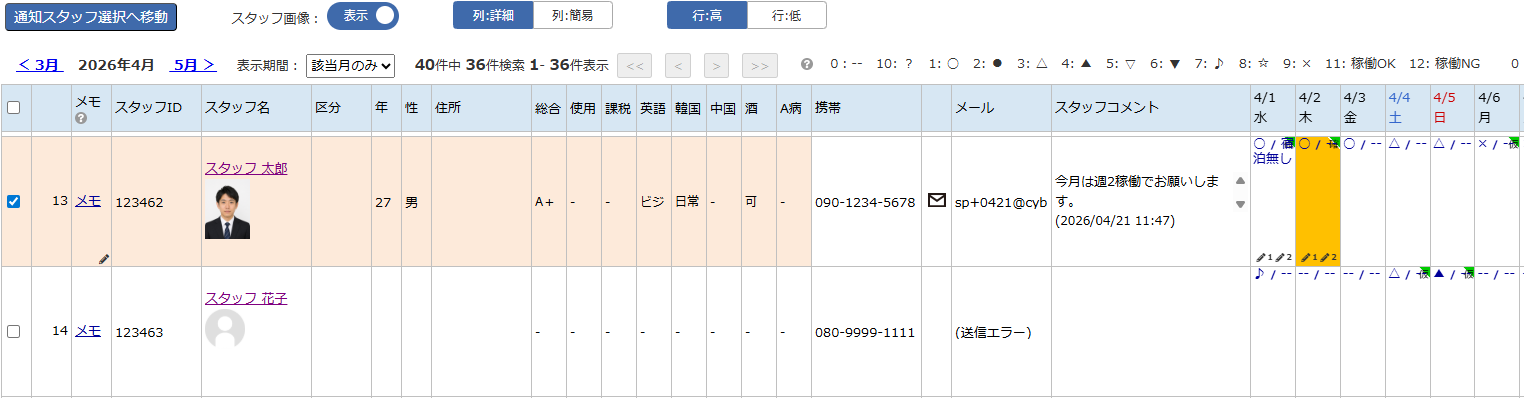 対象スタッフ選択 - 検索結果一覧エリア