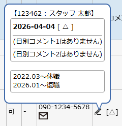 スタッフ選択ダイアログ - 日別コメントポップアップ