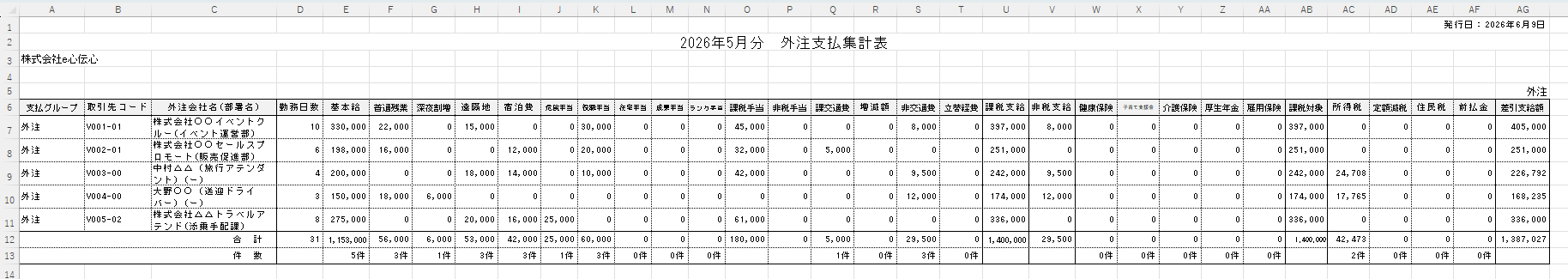 外注支払集計表 - 出力サンプル