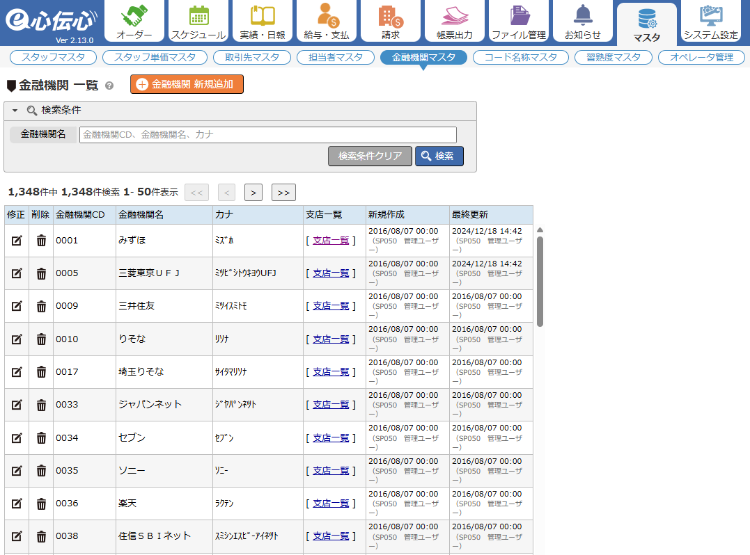 金融機関マスタ - 一覧画面